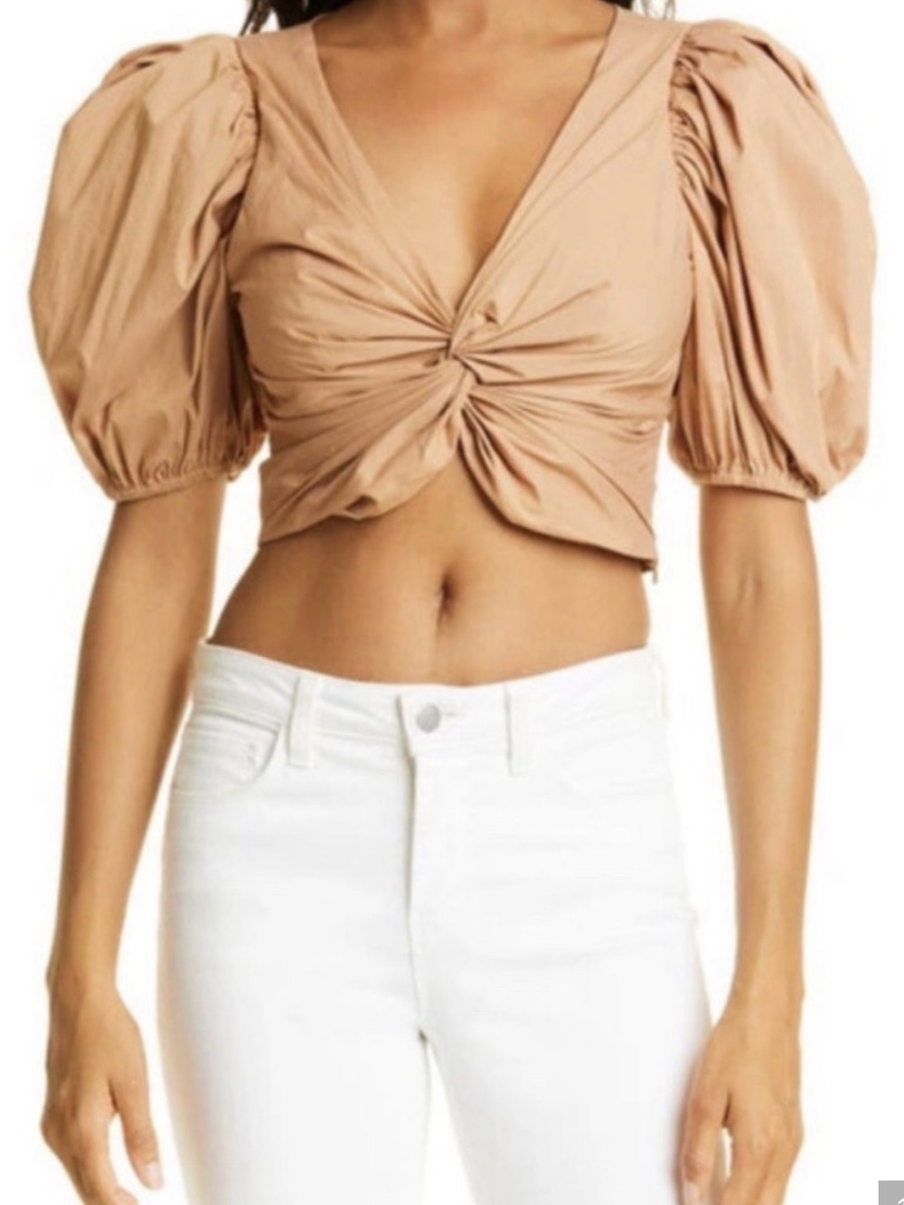 cinq a sept Blush-Tan Twist Front Puff Sleeve Crop Top